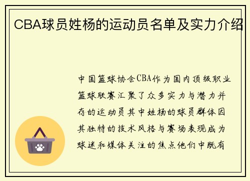 CBA球员姓杨的运动员名单及实力介绍